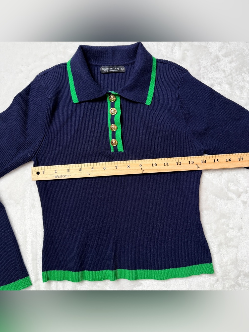 Emerson Lang Navy Knit Polo Sweater with Green Trim, academia, preppy, - Picture 8 of 10